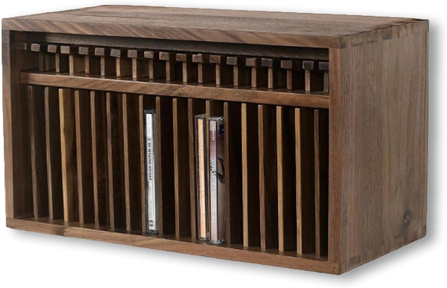 Desktop CD Storage Rack, Wooden DVD Organizer Stand, Vintage Farmhouse Style, with 19 Standard CD Cases, CD Cases 14 X 1.4 X 14.5cm, Fit for Theatre Room