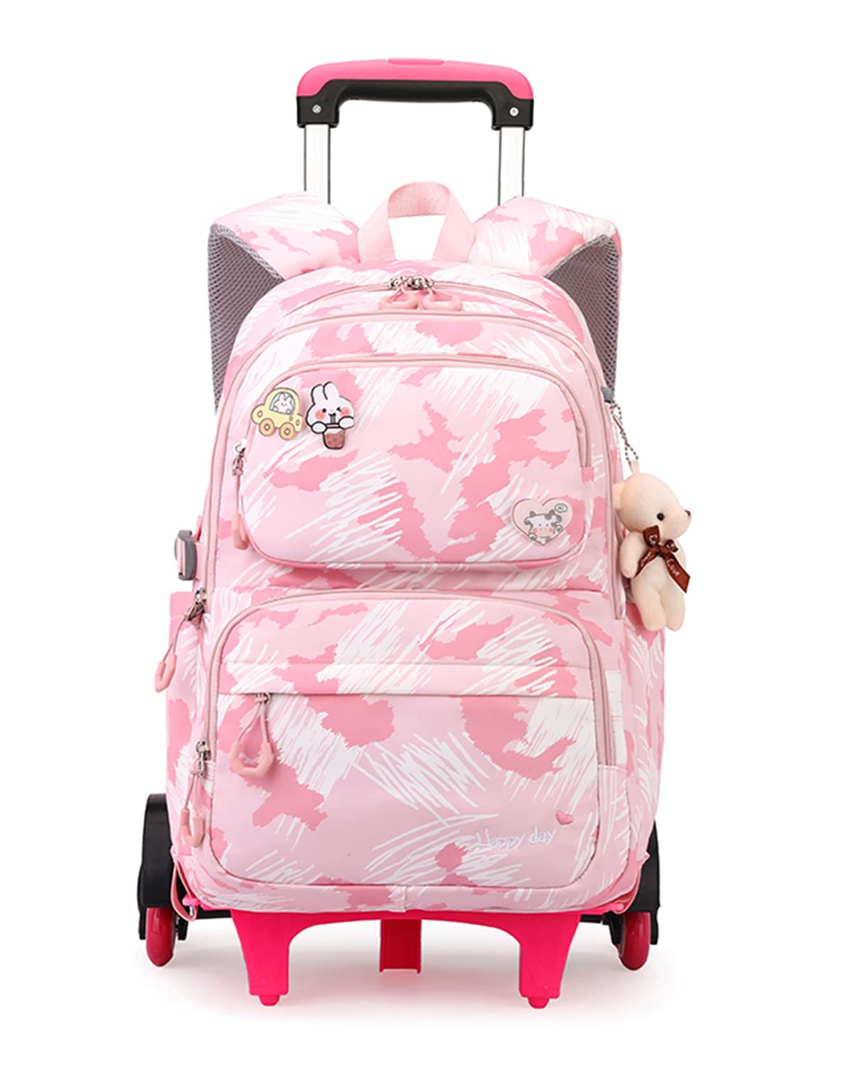 Tanou Mochila con Ruedas Niña, Ligero Mochilas Escolares Infantil con Ruedas, Mochila con Carro para Escolar Viajes, 16 Pulgadas, Graffiti Rosa