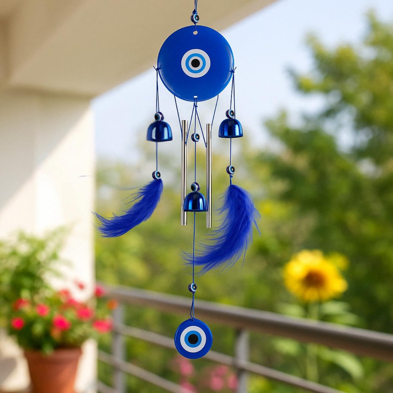 Evil Eye Wind Chime with 2 Feather Wings & 3 Bells for Balcony Decor | Dream Catcher Style with Melody Sound for Positive Energy-image-13