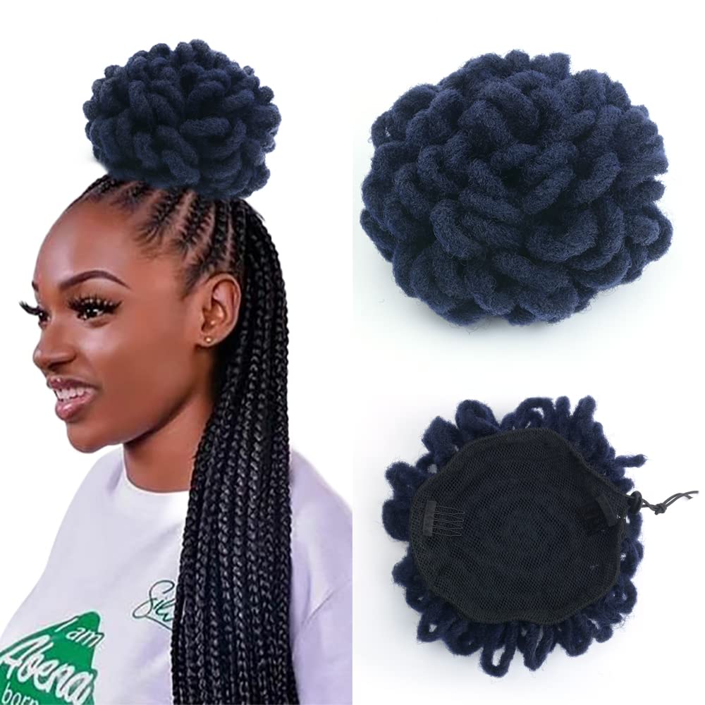 KGBFASS Blue Locs Ponytail Drawstring Buns Curly Loc Petal Bun Dreadlock Ponytail Braided Faux Locs Bun Clip in on Braids Ponytails Hairpieces for