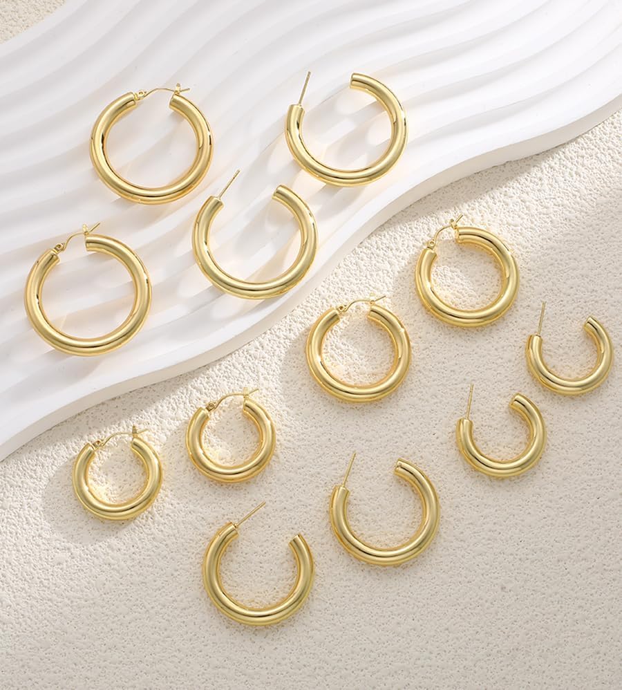 6 Pairs Simple Gold Hoop Earrings Set for Women Trendy, 14K Gold Plated Chunky Hollow Tube Hoops Earrings, Hypoallergenic Lightweight Large Hoops Jewelry 25/30/35mm - Image 7