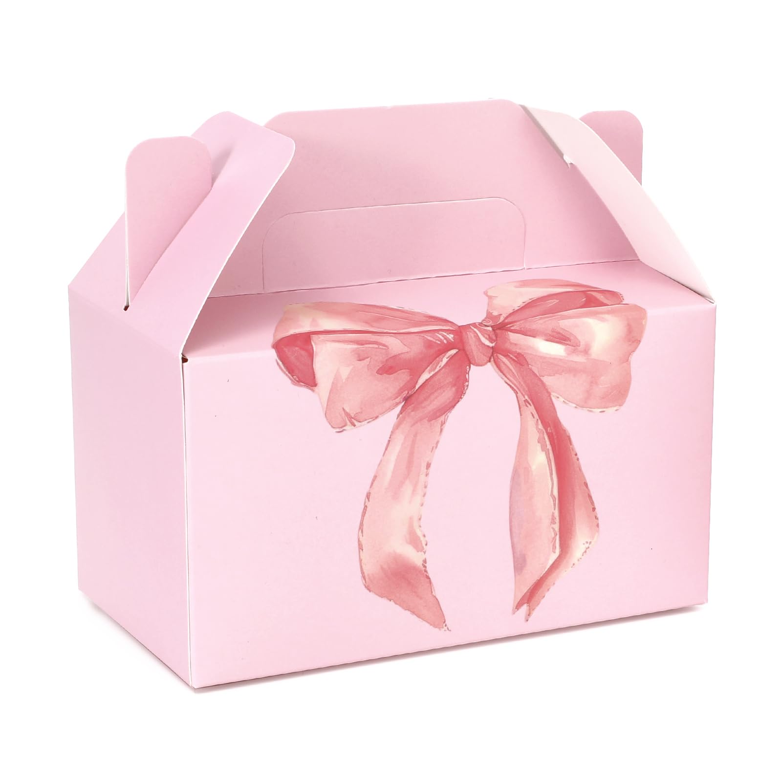 FYSUIMU 24Pcs Coquette Pink Bow Treat Box with Handle Bowknot Goodie Candy Bag Cute Paper Gift Container for Cookie Snack Party Favor Supplies