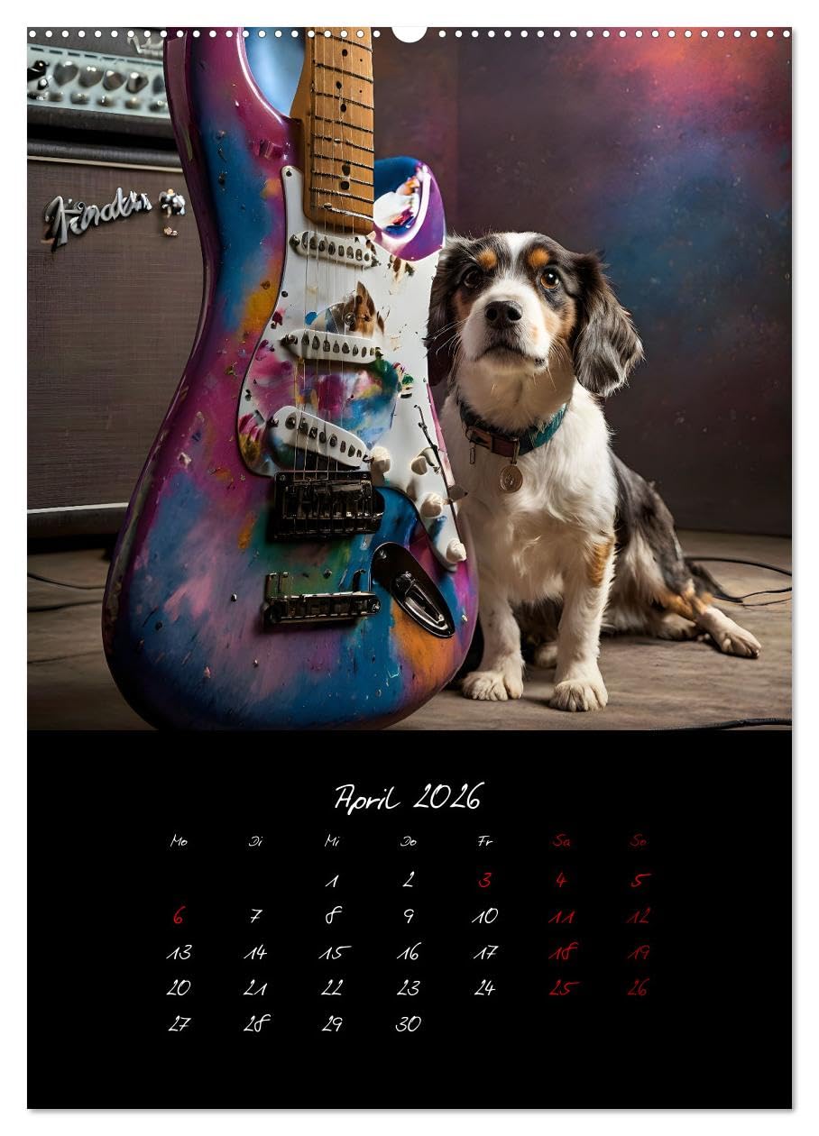 Gitarren und Hunde mit Herz (Wandkalender 2026 DIN A2 hoch), CALVENDO Monatskalender: Amüsante Darstellungen von Hunden, die mit Stolz die Gitarre ihres Herrchens präsentieren (CALVENDO Kunst)