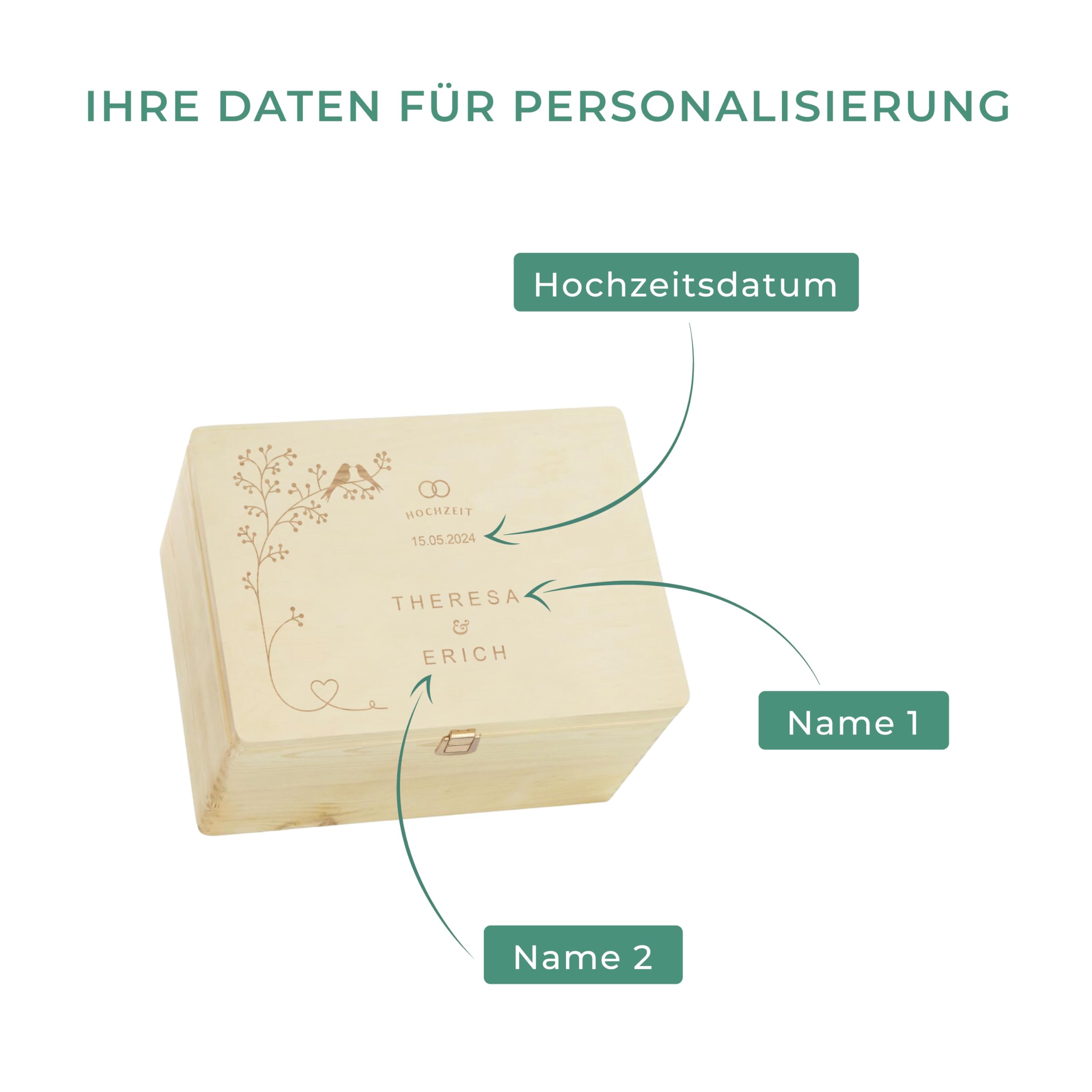 LAUBLUST Personalisierte Hochzeitskiste Erinnerung - Geschenkkiste Hochzeit mit Gravur - Vogel-Pärchen | Personalisierte Geschenke für Brautpaar - FSC® (Natur mit Verschluss, ca. 40 x 30 x 24 cm | XL)