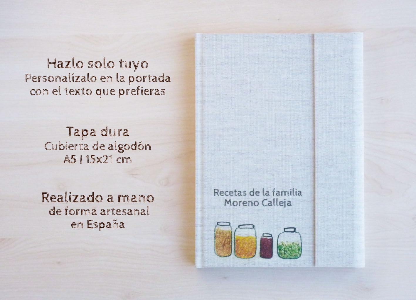 Sphinge Recetario en blanco personalizado con tu nombre 15x21 | Libro de cocina para escribir 90 recetas con índice | Castellano català português | Tapa dura de tela A5 | SIN cuchara