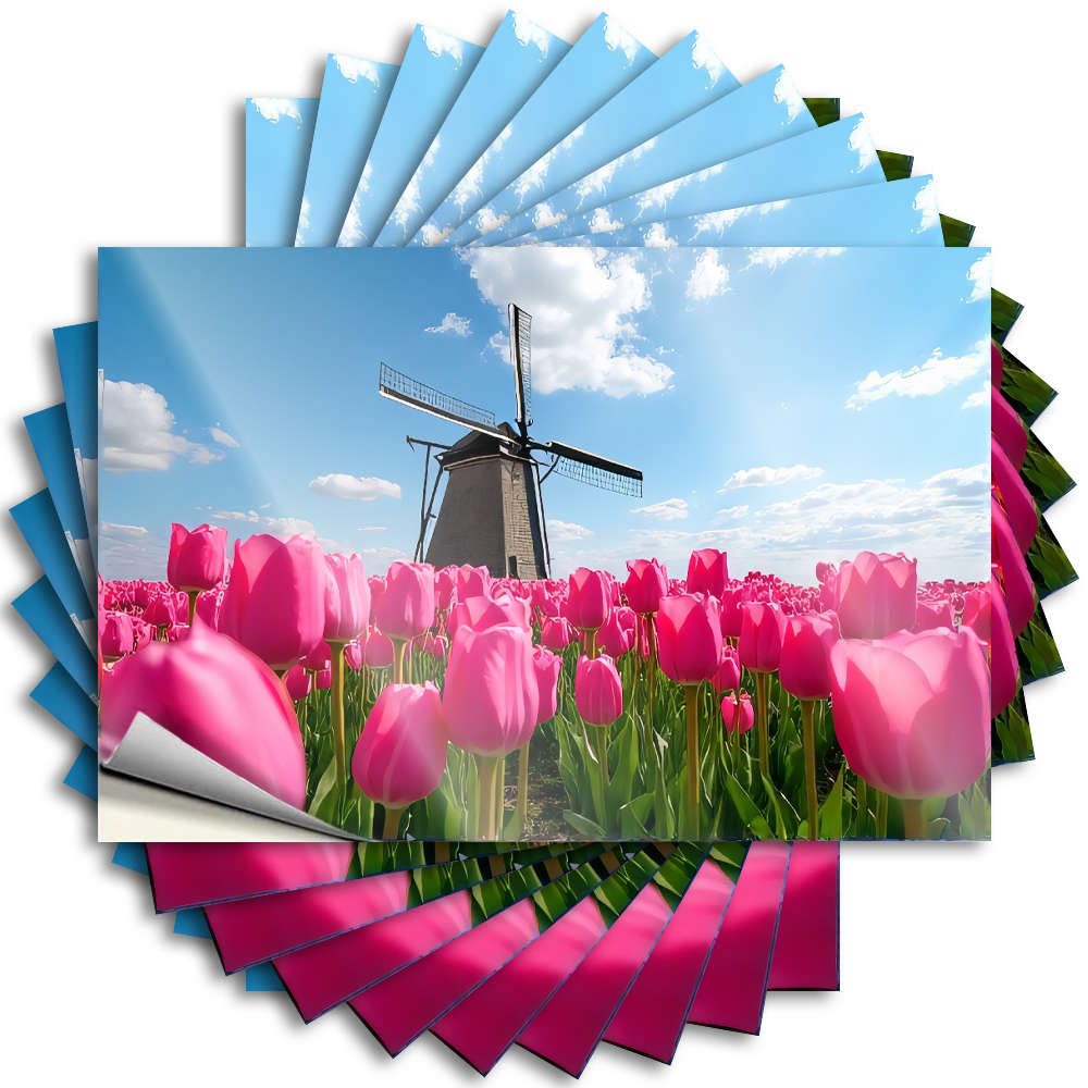 Decal Modern Custom Stickers, Bottle Waterproof A Field of Pink Tulips with A Windmill in The Background. for Hydro Flask | Books Vinyl Decals for Travel Holiday Gift(8X12CM)