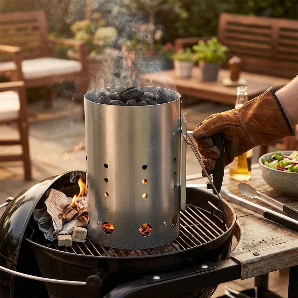 DWD Charcoal Chimney Starter Set, Galvanised Steel, BBQ Briquette Lighter with Heat Shield, Safety Handle & Thermoplastic Handle, for Camping & Barbecue 30cm Height & 850g Instant Light BBQ Charcoal