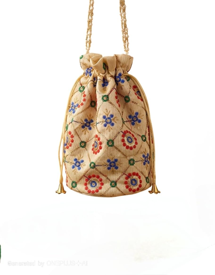 Elegant Thread Embroidered Sequence Potli Bag with Pearl Handle for Women | Traditional Ethnic Drawstring Pouch for Wedding, Party & Festive Use-image-26