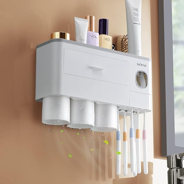 Toothbrush Holder Wall Mounted Automatic Toothpaste Dispenser - Electric Toothbrush Holder with Toothpaste Squeezer,Tray, Cosmetic Drawer,3 Cups and 6 Brush Slots Faimily Bathroom Accessory