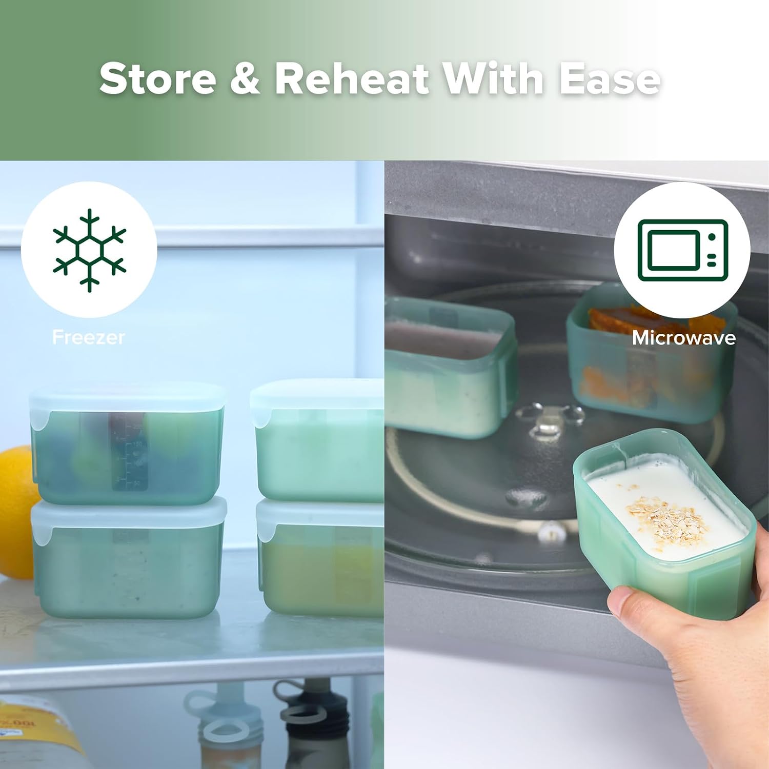 haakaa Mini Meal Silicone Storage Containers,8 oz Silicone Baby Food Containers with Airtight Lids,Reusable Baby Food Jars for Purees, Fruits & Snacks-Microwave & Dishwasher Safe,4 Pack, Pea Green