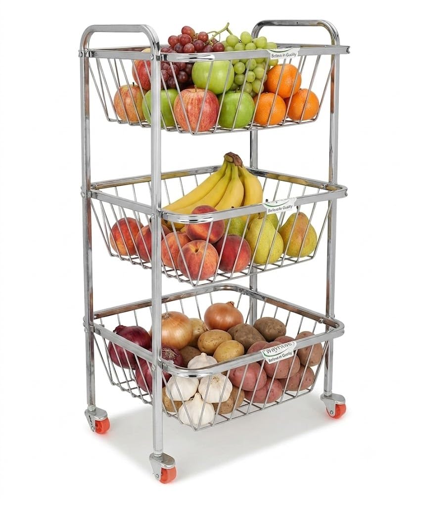 WayMore® Stainless Steel 3-Tier Rack Fruits & Vegetable Onion Trolley Container Basket Organizer Organiser Holder Stand for Kitchen with Wheel (3 Layer Trolley)-image-43