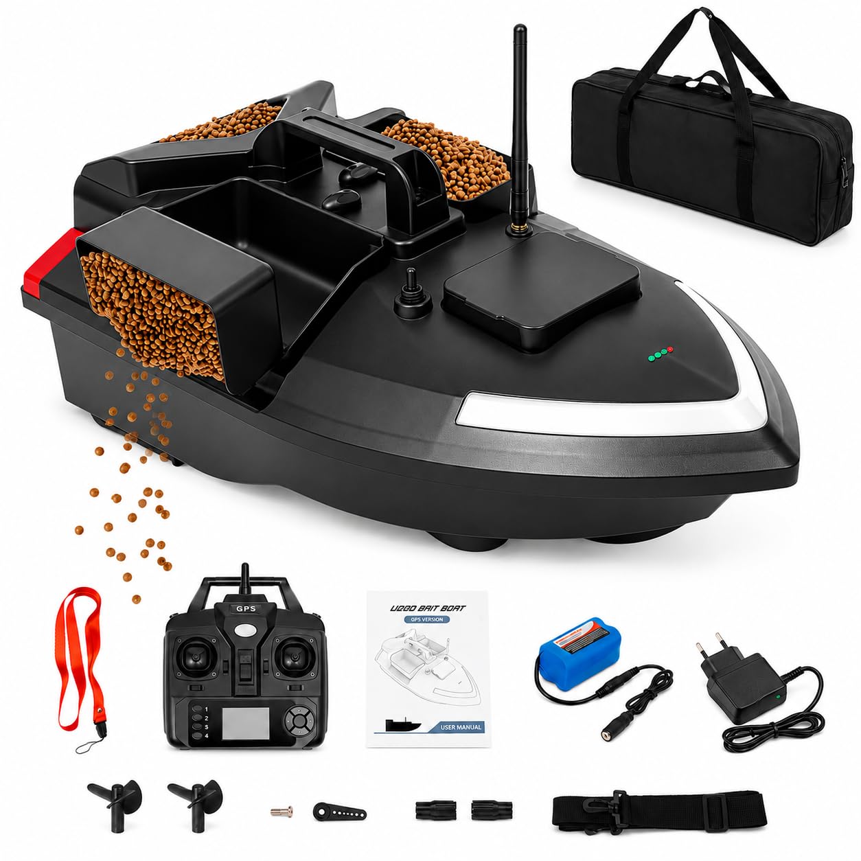 500M RC Köderboot ABS Angelköder Boot Fernbedienung Futterboot mit GPS 3 Köderboxen Fischköder Boot Angeln Futterboot mit Suchscheinwerfer & 12000mAh Batterie (Schwarz)