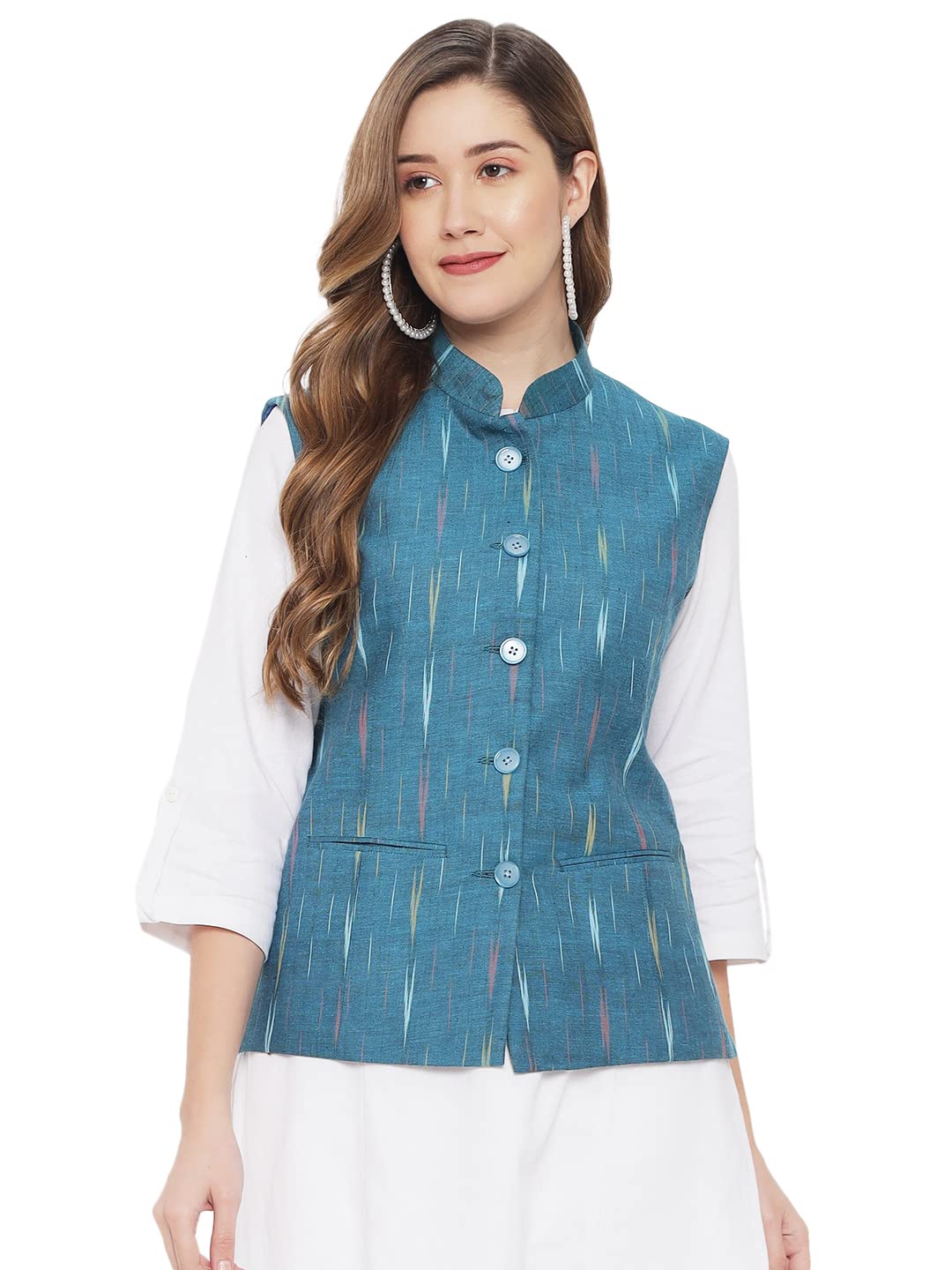 vastraa fusion Womens Ikat Printed Cotton Nehru Jacket-picture-14