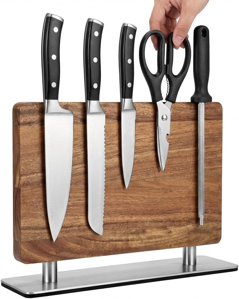 Magnetic Knife Holder Acacia Wood - Double Sided Kitchen Rack Magnetic Stand, Strong Magnets Multifunctional Storage Rack Kitchen Gift for Chef