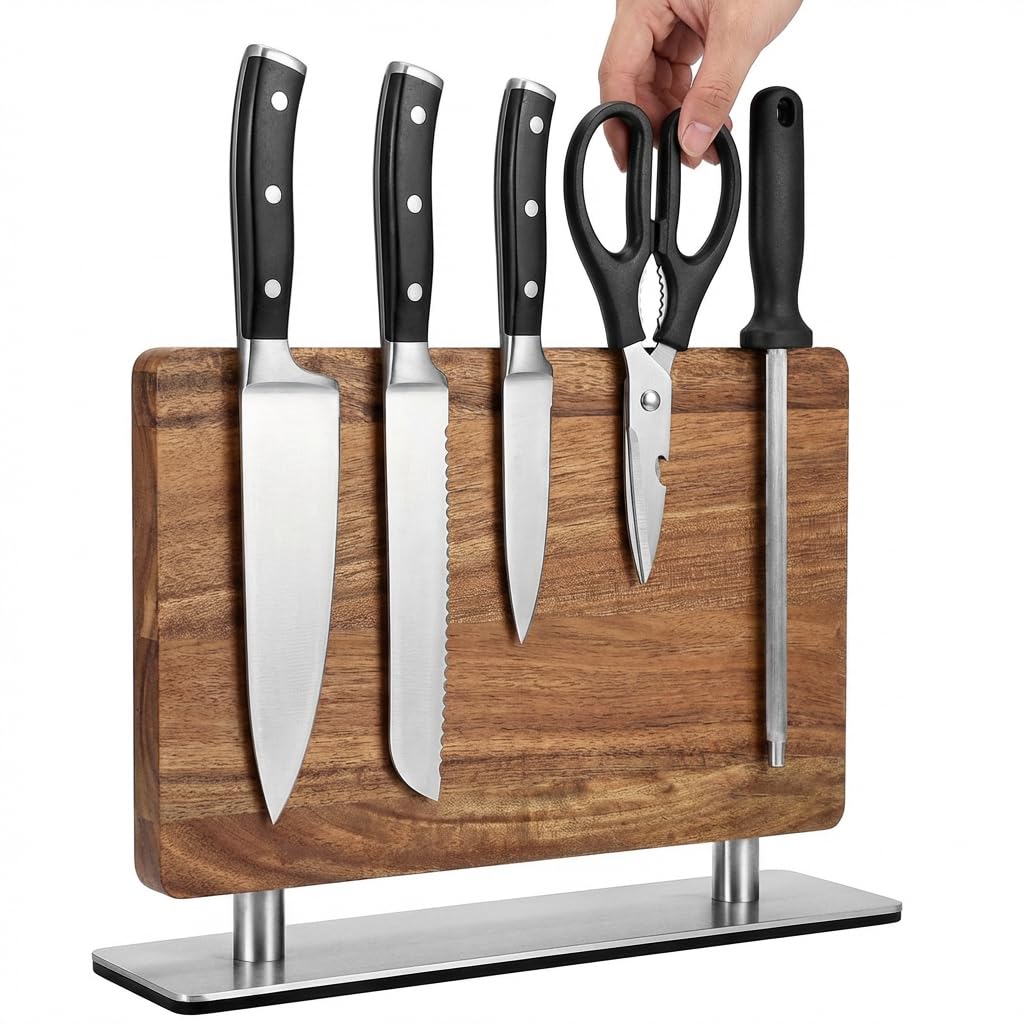 Fathers Day Dad Gifts, Birthday Gift for Dad Mom Chef, Magnetic Knife Holder Acacia Wood - Double Sided Kitchen Rack Magnetic Stand, Strong Magnets Multifunctional Storage Rack Kitchen