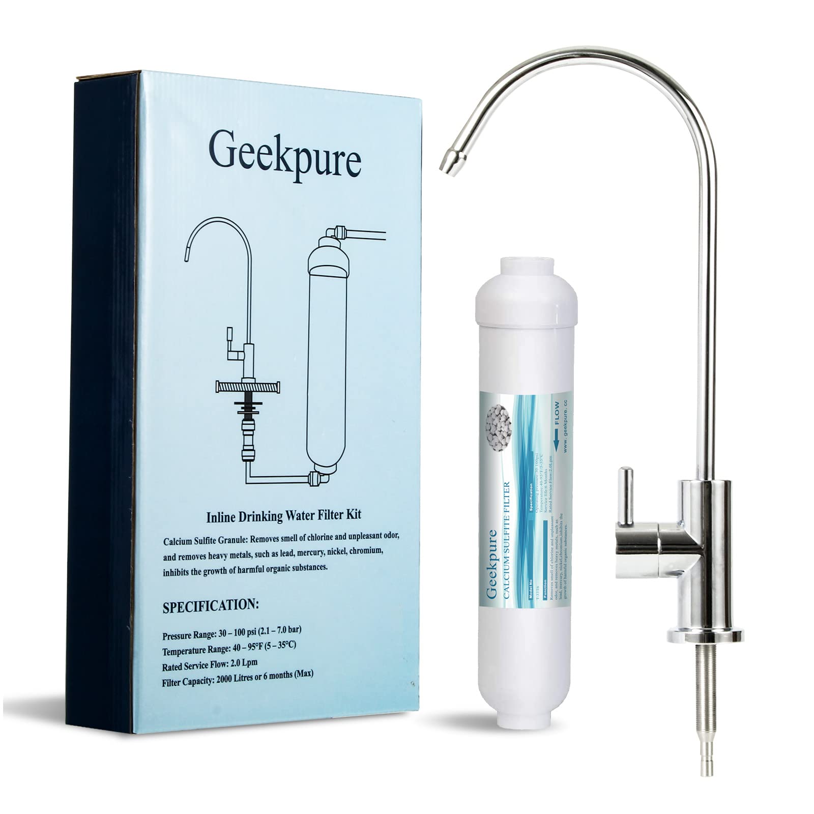 Geekpure Kit de filtration d'eau potable en ligne sous l'évier Système de bricolage pour éliminer le chlore