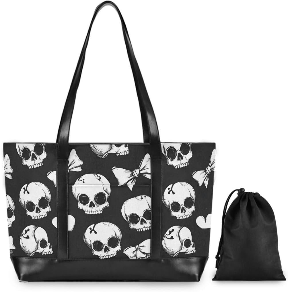 Skull Black Laptop Tote Bag,Fits 15.6 Inch Laptop,Womens Lightweight Canvas Leather Tote Bag Shoulder Bag
