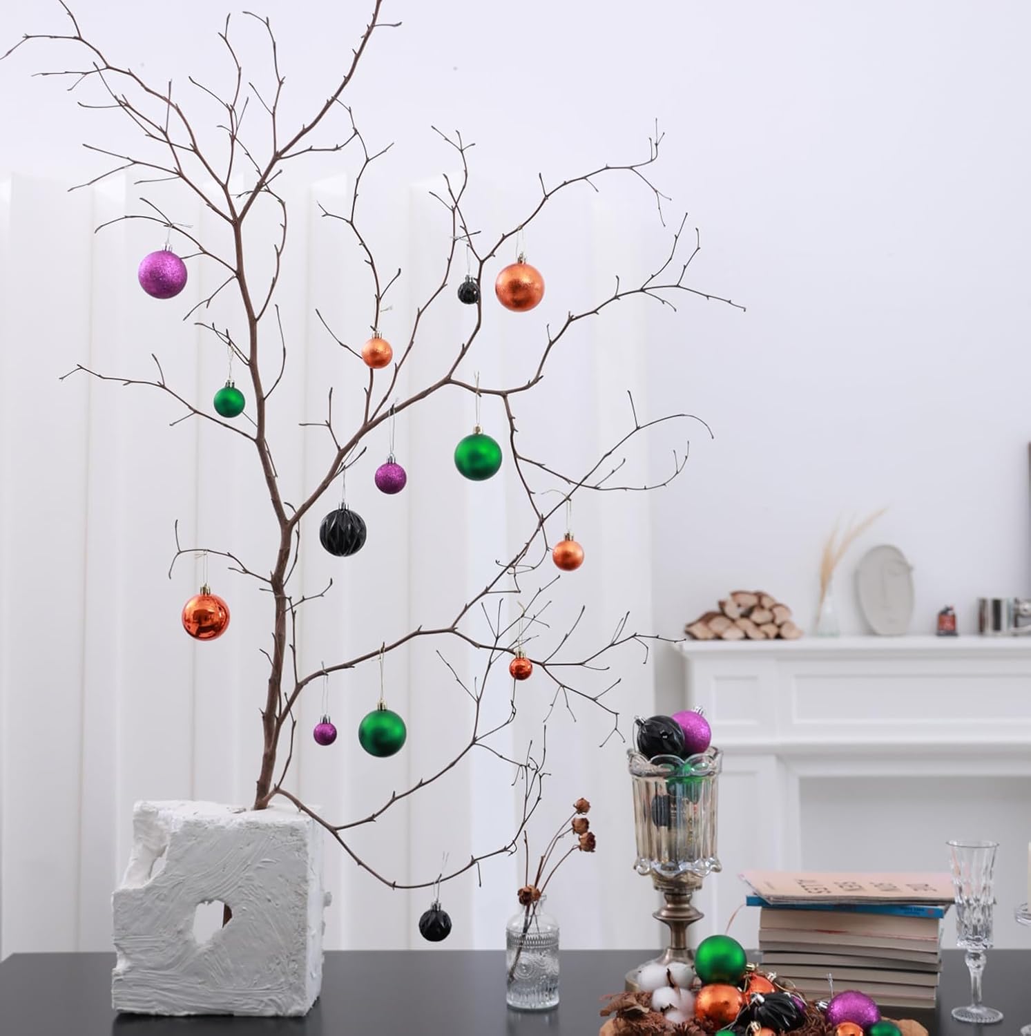 Holiday Decor Bundle: 5ft Prelit Black Tinsel Tree (100 Orange LEDs, 278 Tips, Spider Ornament, Metal Stand) + 30ct 1.18-2.36" Multicolor Shatterproof Balls (3 Sets) for Mini Tree, Decor