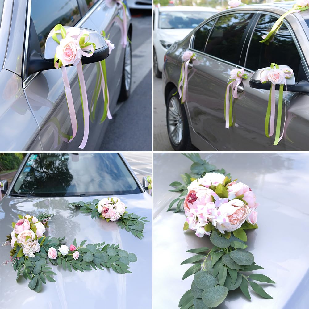 Hochzeitsauto Autodeko 1 Set,künstliche Blumen Dekorationen, Autoschmuck Braut Paar Rose Dekoration,Pfingstrosen-Blume Girlande,Auto Wedding Deko Girlande,Autogirlande für Hochzeit Party