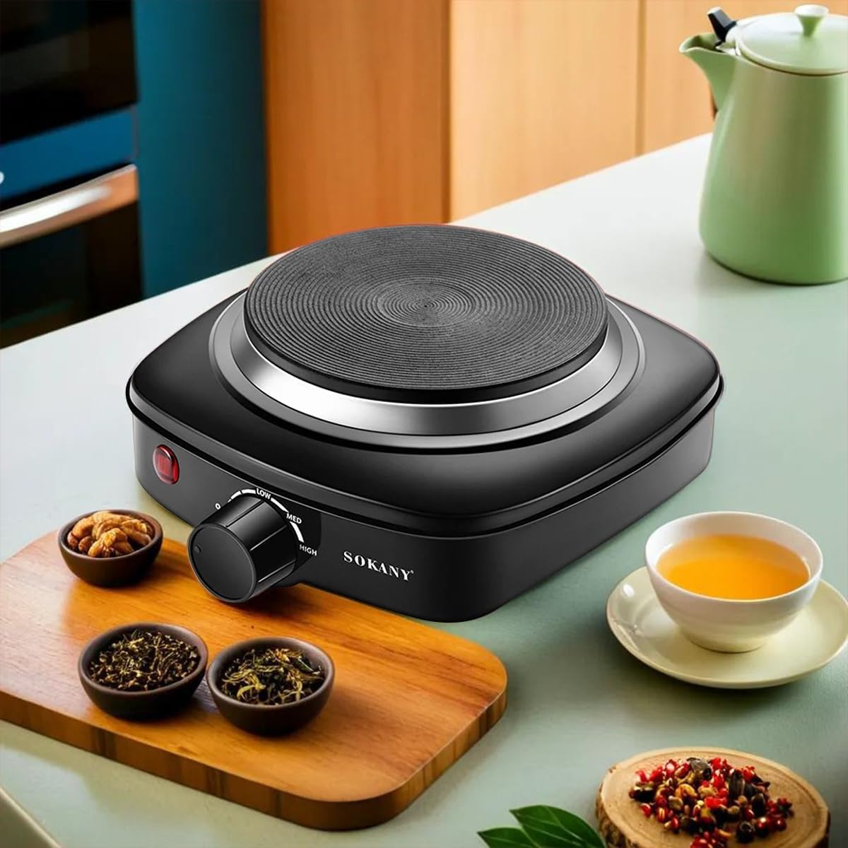 Sokany SK-5119 Electric Hot Plate with a teapot on top