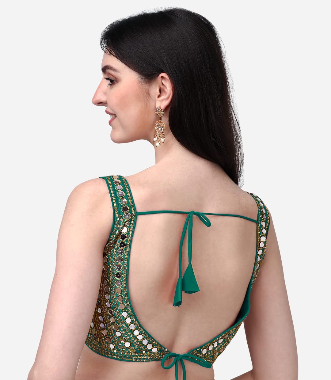 Pujia Mills Women's Embroidery Work Real Mirror Sleeveless Readymade Blouse Rama Color (V-Mirror Rama 38)