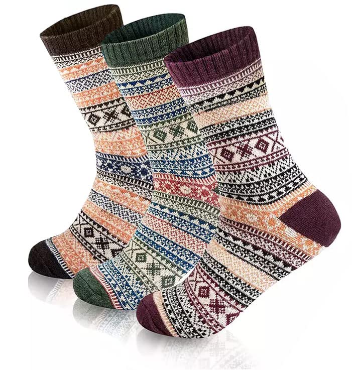 3 Pair Vintage Solid Soft & Woolen Winter Cozy Knitted Winter Thick Warm Stretchy Elastic Socks (Without Thumb) for Women Girls, Assorted