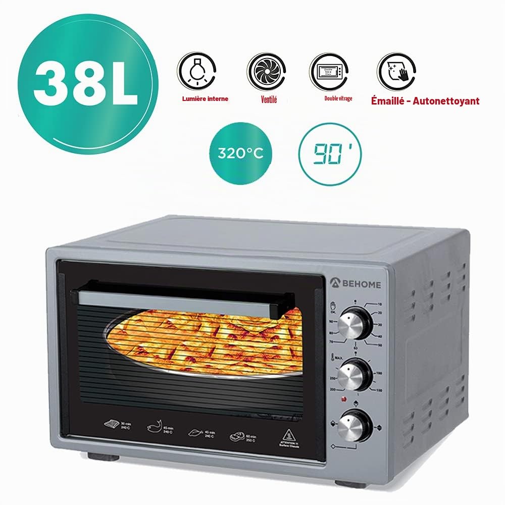 Behome Four électrique 38 litres ventilé | autonettoyant, émaillé, température jusqu'à 320 °, double verre avec lumière intérieure et minuteur 2 plaques et 1 grille (argent)