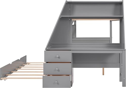 Miniatura 18 de Litera individual sobre matrimonial con cajones, escalera deslizante y almacenamiento, litera de madera con barandilla alta y escalera para niños,