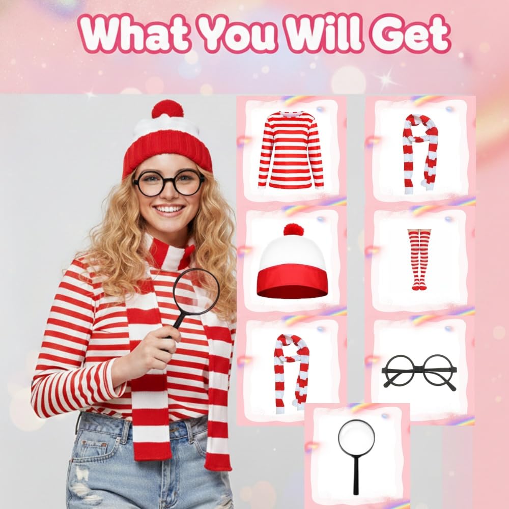 Zynthytic 7 Pcs Wally Costume for Kids Adults Red and White Striped T-shirt Cosplay Accessories with Bean Hat Magnifying Glass Scarf and Socks World Book Day Fancy Dress for Women Men(Women - Image 4
