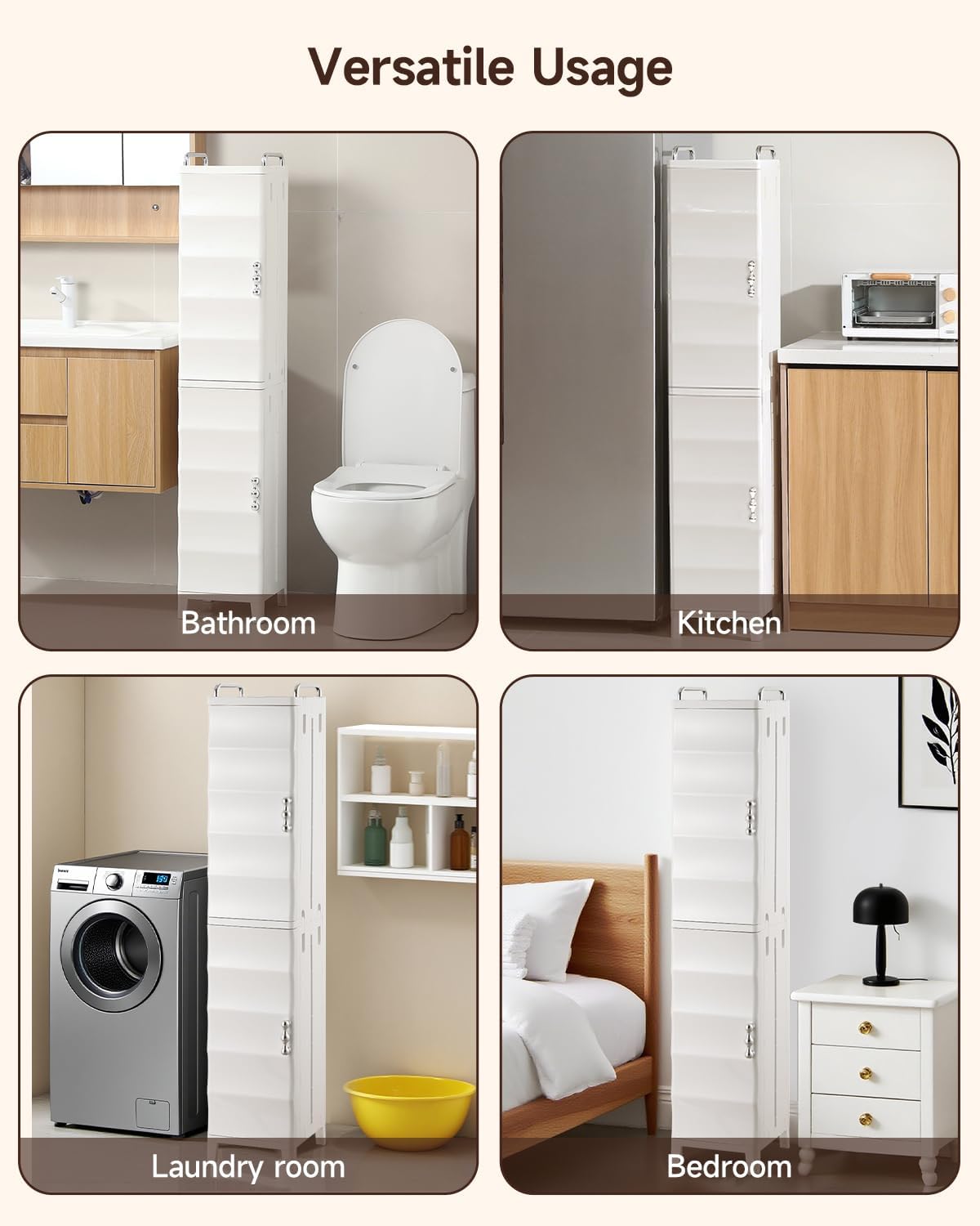 Slim Bathroom Storage Cabinet, Tall Narrow Storage Cabinet with Adjustable Shelves & Magnetic Doors, Plastic Slim Cabinet for Small Spaces, Bathroom, Kitchen, Laundry (White)