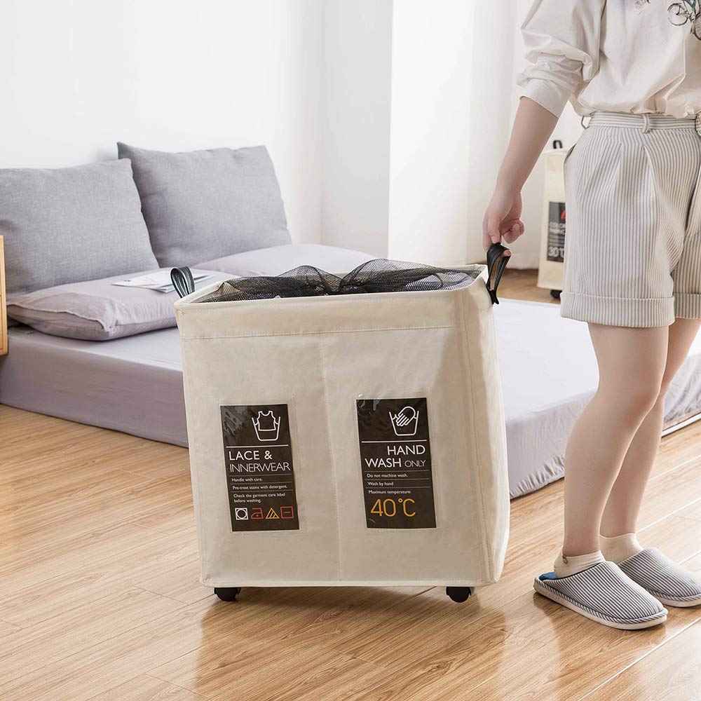 Cesto portabiancheria sottile a 2 scomparti con ruote universali e manico pieghevole in tessuto Oxford cesto portabiancheria in rete con coulisse per vestiti sporchi r con 4 aste di supporto, 6 carte