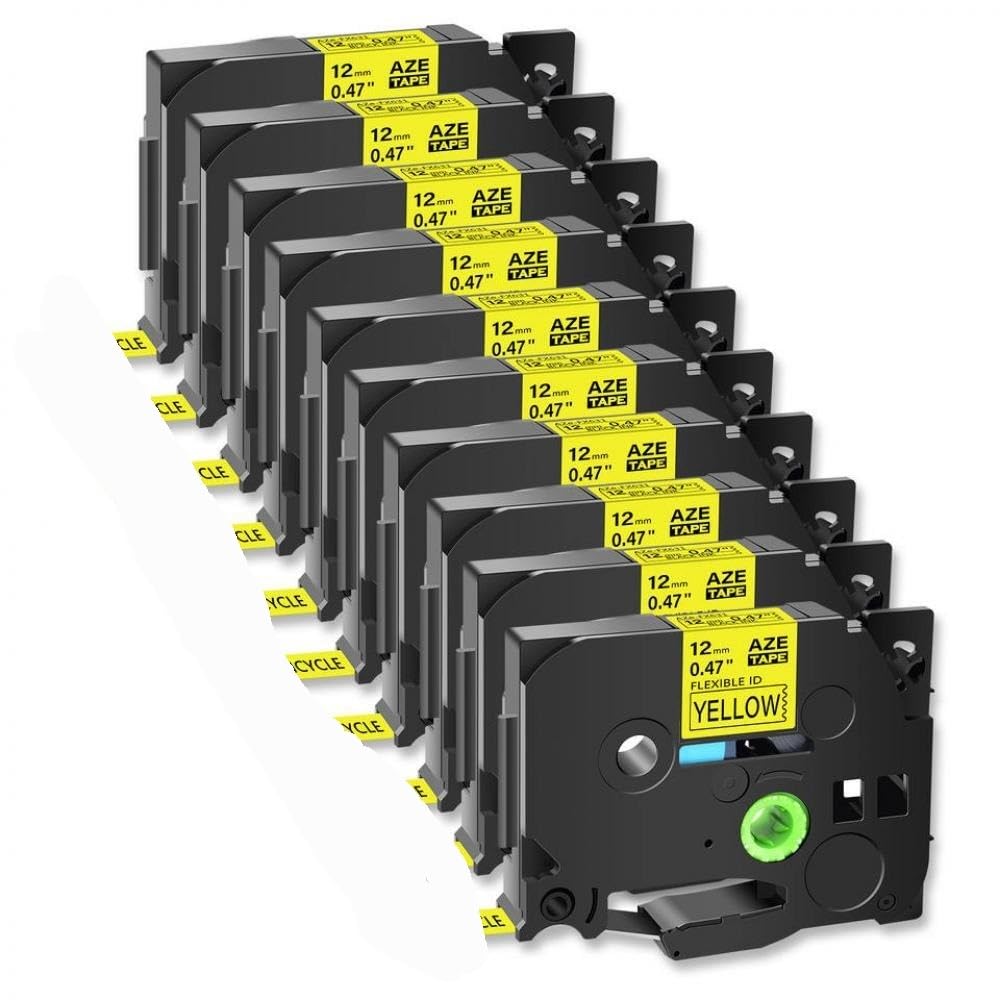 Confezione da 10 nastri per etichette da 0,47 pollici nero su giallo ID flessibile laminato compatibile con stampanti Tze FX631