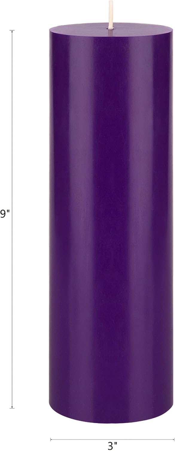 Mega Candles 3 pcs Unscented Solid Purple Pillar Candles, Hand Poured Premium Wax Candle 3 Inch x 9 Inch, Home Décor, Spas, Weddings, Occasions, Party, Centerpieces, Holidays, Vigils, Prayers