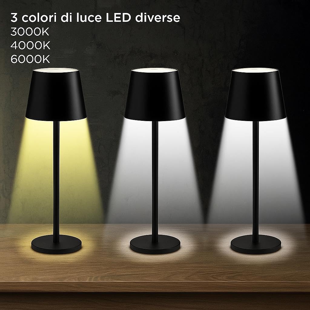 LEOLUX COLUMBUS NERO - Set 5 Lampade da Tavolo LED Ricaricabili – Design Moderno in Alluminio Nero Opaco – 3 Colori di Luce – Touch Dimmer – Wireless – Per Casa, Ristorante, Bar, Terrazza