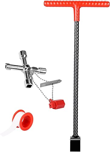Miniatura 7 de JOYTUTUS Herramienta de medidor de agua multifuncional de 17 pulgadas con llave de 4 vías y cinta de teflón, llave de válvula con mango en T