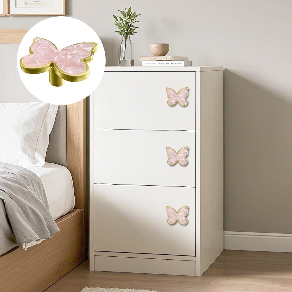 6 pcs Butterfly Shape Knobs Handle Gold Cabinet Knobs Decoration Door Handle Single Hole Handles Cabinet Drawer Dresser Kitchen Wardrobe Furniture Hardware Pulls (Pink)