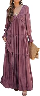 Maxi Dress for Women Long Sleeve V Neck Empire Waist Layered Ruffle Boho...