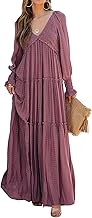R.Vivimos Maxi Dress for Women Long Sleeve V Neck Empire Waist Layered Ruffle Boho Casual Flowy Long Dresses
