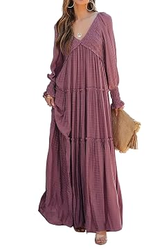 R Vivimos Maxi Dress for Women Long Sleeve V Neck Empire Waist Layered Ruffle Boho Casual Flowy Long