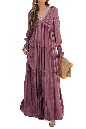 R Vivimos Maxi Dress for Women Long Sleeve V Neck Empire Waist Layered Ruffle Boho Casual Flowy Long
