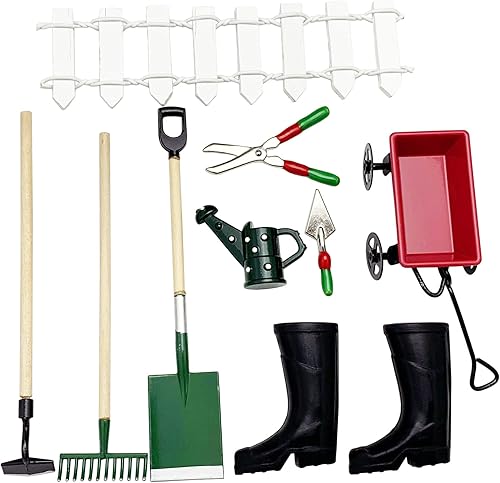 Miniatura 4 de Herramientas de cultivo de jardín de hadas en miniatura, 9 paquetes 1:12 Mini rastrillo de mano de metal con pala de metal, hervidor, valla de
