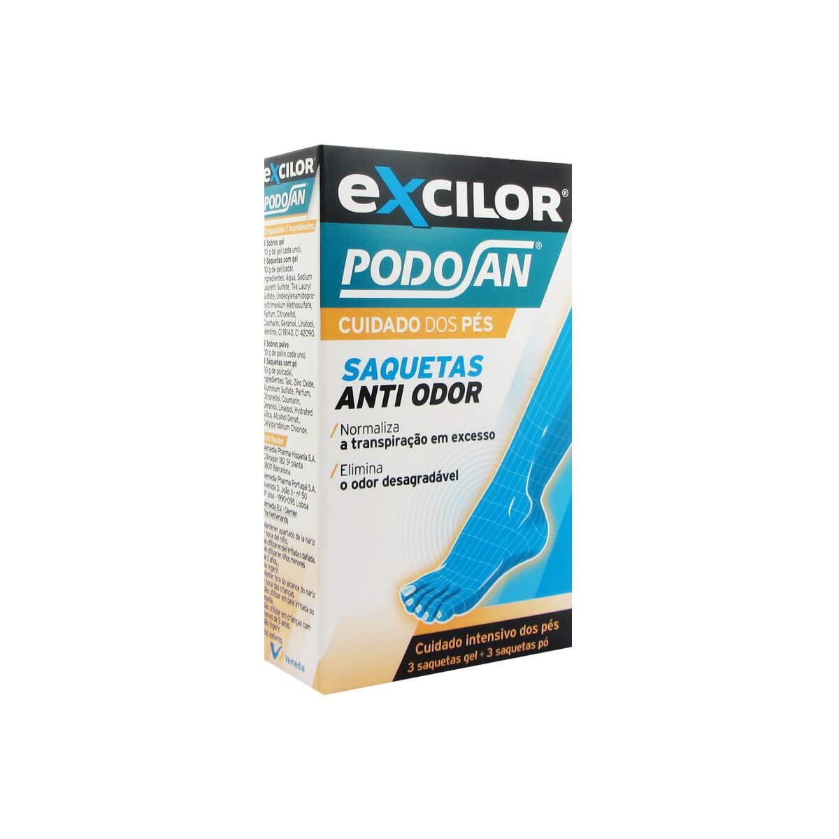 EXCILOR Podosan Sobres Antiolor Cuidado de los pies, Normaliza la sudoración excesiva, Elimina el olor desagradable, 3 sobres gel + 3 sobres polvo, 150g