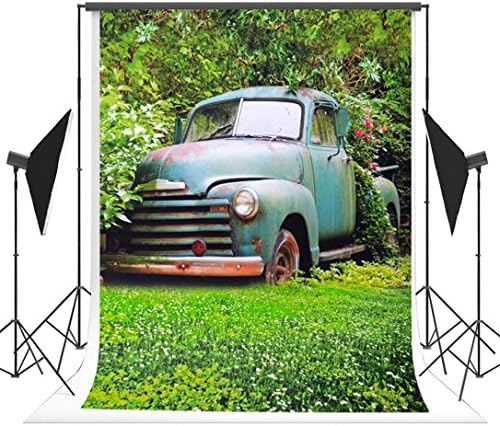 5x7ft(150x210cm) Green Spring Photo Backgrounds White Flowers Grassland Floor Photography Backdrops Retro Car Boys Background