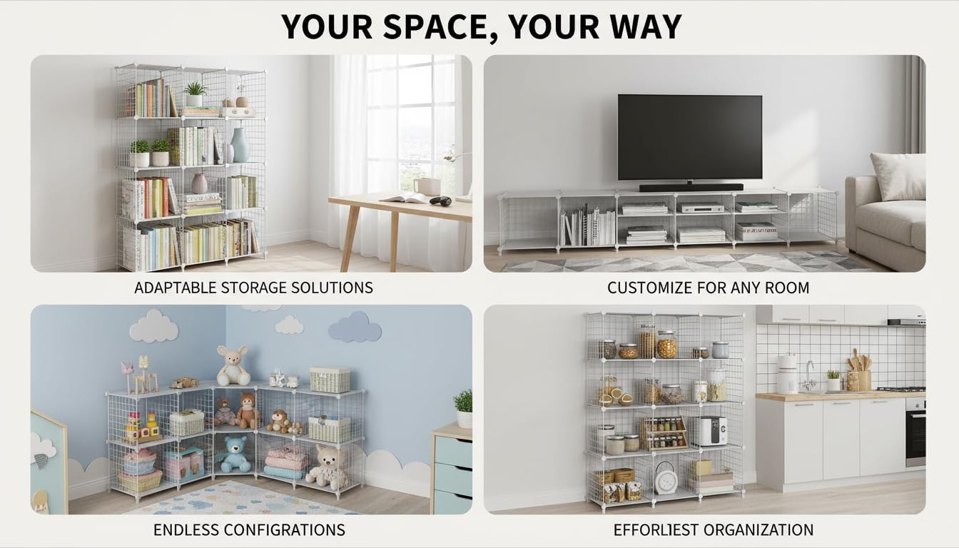 12-Cube Storage Organizer, Metal Wire Cube Shelving Unit, 11.8" L x 11.8" W x 11.8" H, Modular Grid Bookshelf for Closet, Bedroom, Office, White ATTJL12W