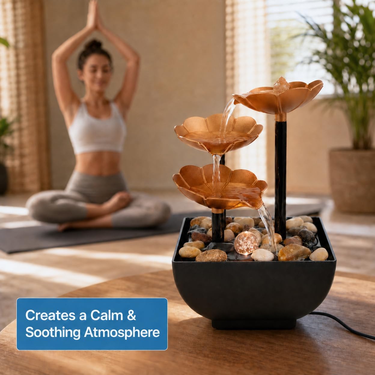 Mini Desktop Fountain with Warm Yellow LED – USB Powered Tabletop Waterfall with Real Stones – Relaxing Indoor Water Feature for Office, Home, Yoga, Meditation