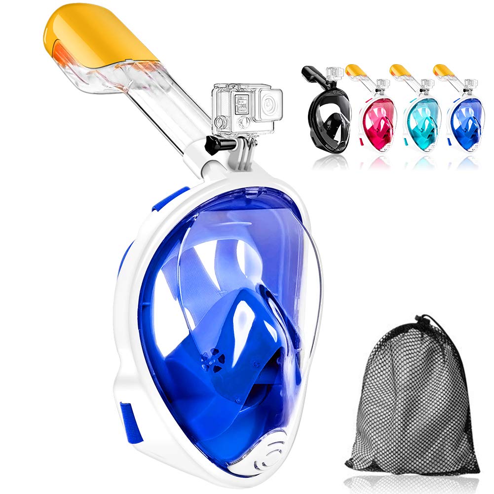 JHuuu180°Full Face Snorkel Mask, Free Breathing Design with Detachable Camera Mount Anti-Fogging Anti-Leak with Adjustable Head Straps Professional Snorkeling Set to Adults Youths