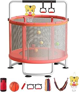 Trampolin Kinder, 150cm Kinder Trampolin Outdoor/Indoor, 200kg verstellbares,mit Basketballkorb und Gehäuse,Geschenke für Jungen und Mädchen (Rose)