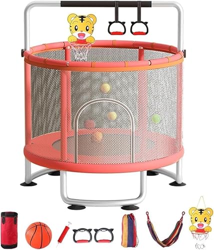 Trampoline Enfant 1.5m avec Accessoires de Sport, 200kg Capacité Trampoline réglable pour bébés et Bambins avec Panier de Basket, balançoire, Sac de Sable, balles océaniques (Rouge)