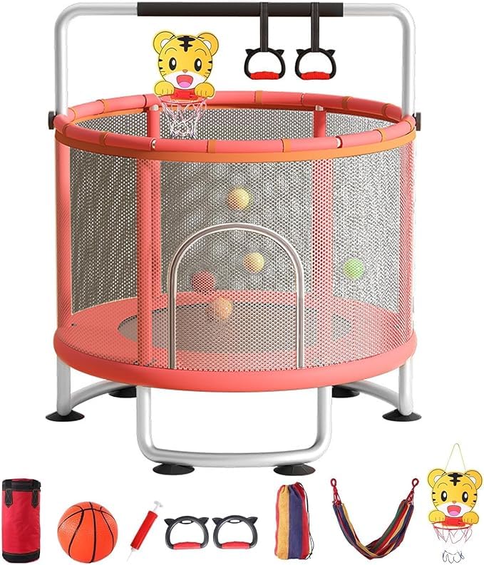 Trampoline Enfant 1.5m avec Accessoires de Sport, 200kg Capacité Trampoline réglable pour bébés et Bambins avec Panier de Basket, balançoire, Sac de Sable, balles...