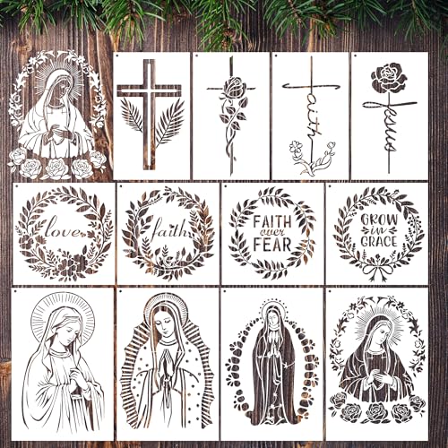 Sitsink Religious Stencils for Crafts Reusable - 12 Pcs Chiristian Cross Inspirational Stencils for Wood Burning Wall Furniture Decor Drawing Template